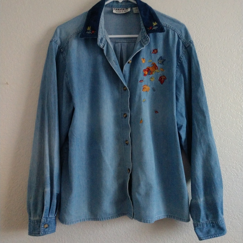 FLAW Vintage Denim Shirt Embroidered Leaves by Casey & Max Large Chest 44"